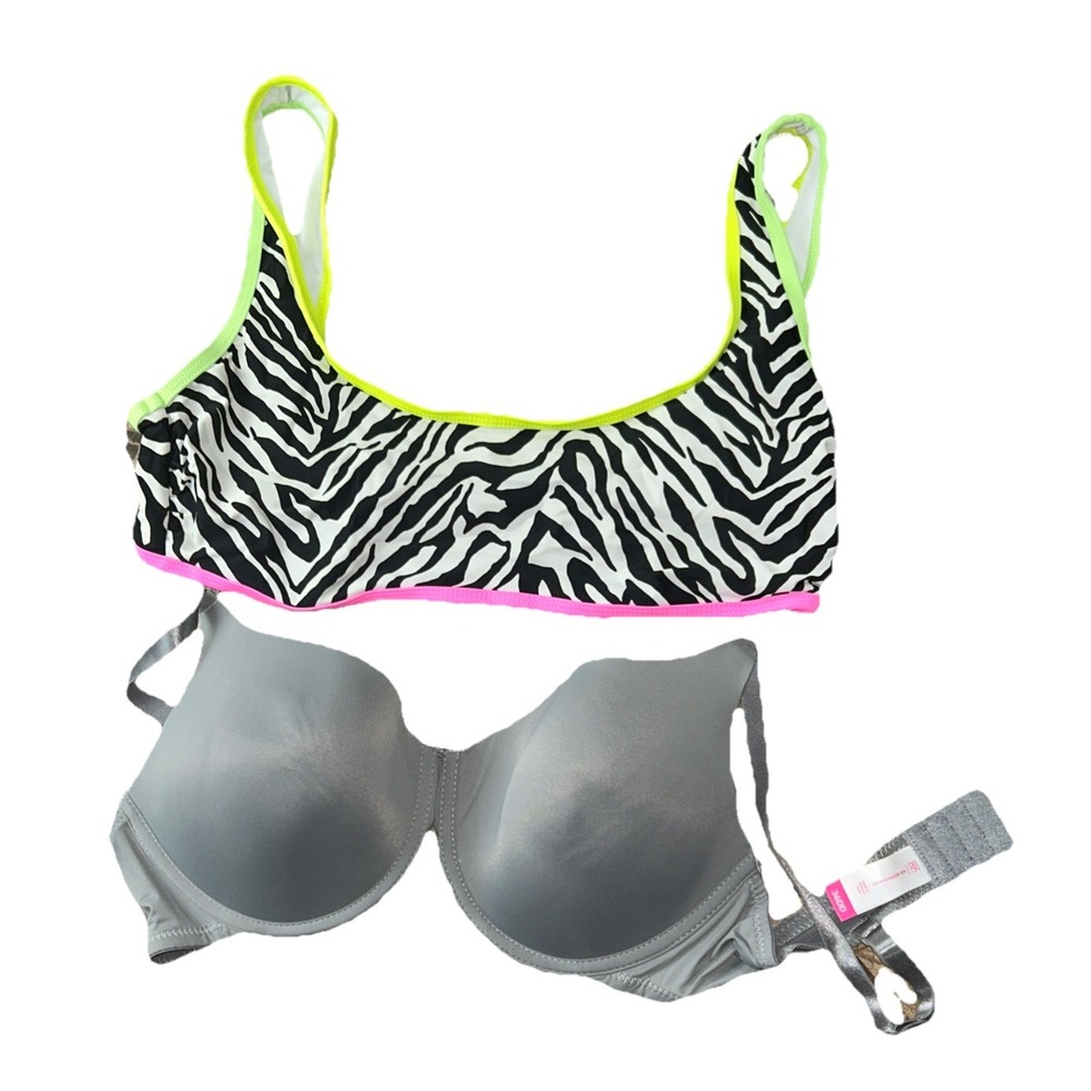 No Boundaries Swim Top XL 15-17 and 36DD Gray Bra Set Zebra Print Neon